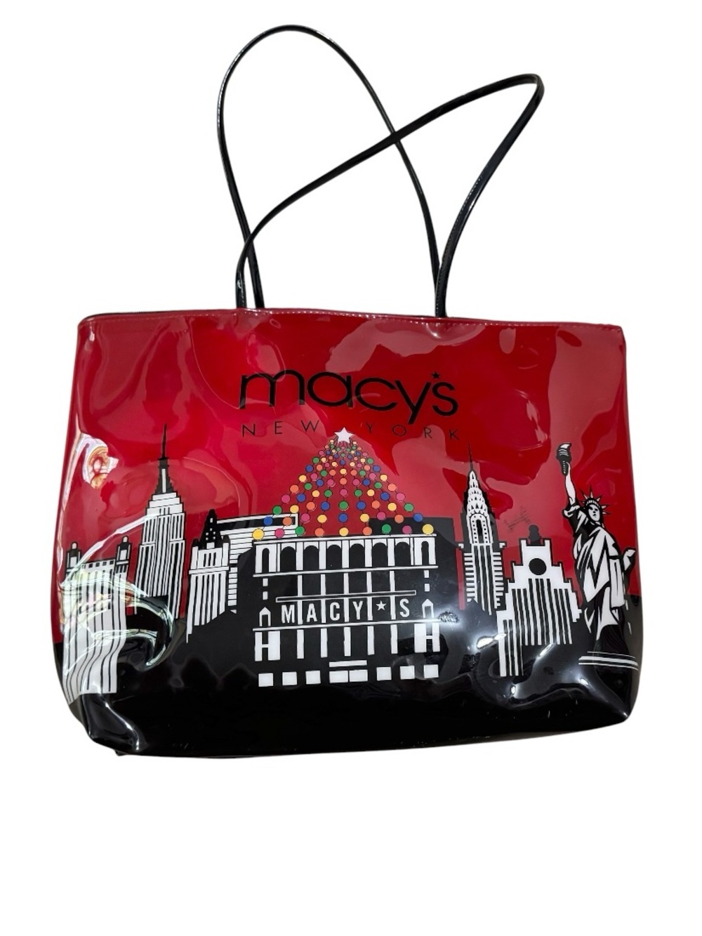 Macy's Red & Black Patent Cityscape Tote w/ Macy's Christmas Tree
